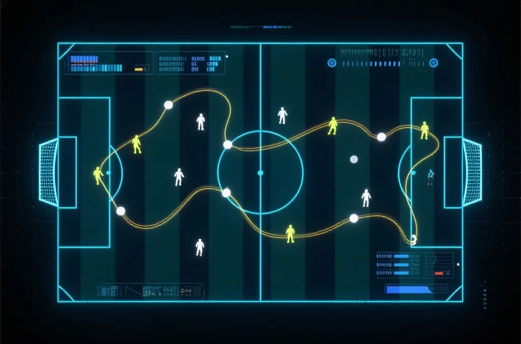An abstract digital soccer field with glowing tactical lines and data overlays, representing sports strategy and analysis.