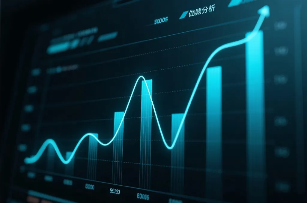 Abstract digital screen displaying rising and falling performance charts